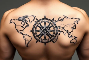 antique compass rose overlaid on weathered world map with sailing ships tattoo idea