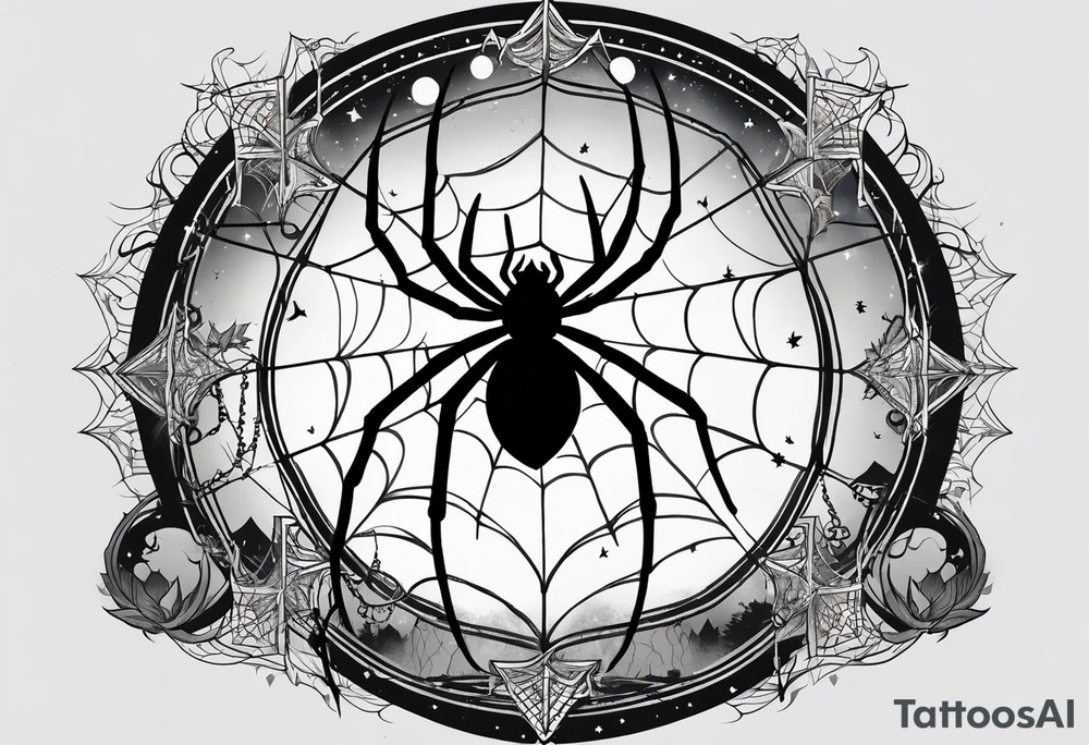 spider shooting web with his back connecting to  under moon not inside the moon tattoo idea