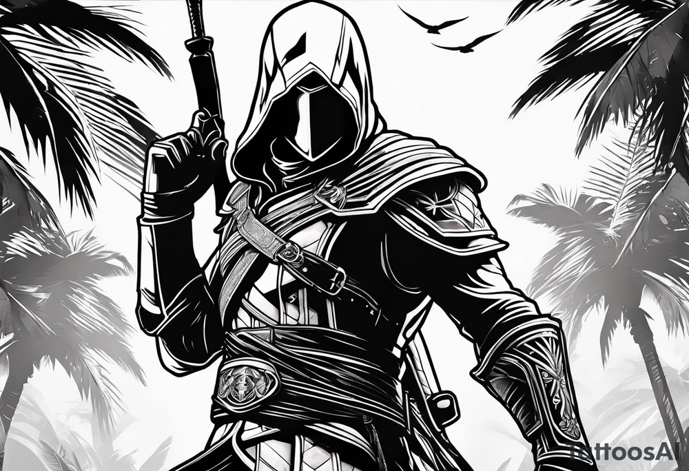 assassins creed character that is in the style of tron with palm trees tattoo idea