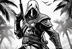 assassins creed character that is in the style of tron with palm trees tattoo idea