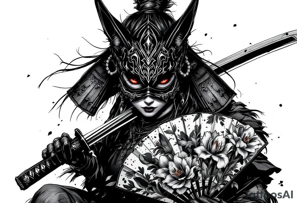 Woman samurai with red eyes wearing an half and broken kitsune mask, holding katanas and japanese fan with Iris flowers tattoo idea