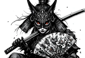 Woman samurai with red eyes wearing an half and broken kitsune mask, holding katanas and japanese fan with Iris flowers tattoo idea
