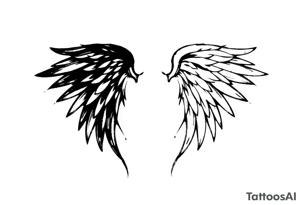 the wings go up

This tattoo design features a pair symmetrical angel wings drawn in black ink with a rough, sketch-like style. The left wing is darker, more defined, and appears denser, while the right wing is lighter, more delicate, and fragmented, creating a contrast between the two. The feathers are sharp and irregular, with fine lines and stray strokes extending outward, adding a raw and artistic feel. The overall look is dynamic and slightly chaotic, giving the impression of movement or an unfinished, ethereal form. This design symbolizes duality, freedom, transformation, or even struggle, making it a meaningful and visually striking tattoo. tattoo idea