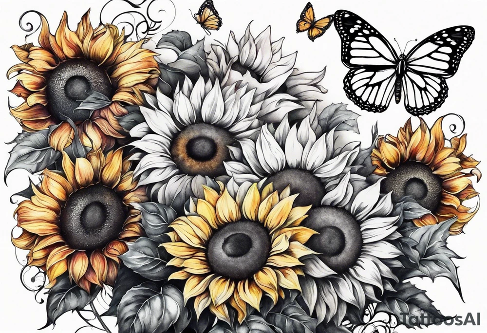 Multi color sunflowers with a butterfly and cross arm sleeve tattoo idea
