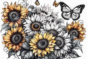Multi color sunflowers with a butterfly and cross arm sleeve tattoo idea