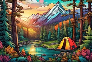 Camping in a colorful forest, adventure, large piece, nature, wildlife, wanderlust tattoo idea