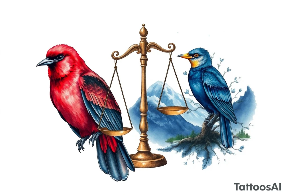 one of the birds red wearing a suit, other bird navy blue with glasses or holding a book, scales of justice built into a tree, starry night painting and mountain background tattoo idea