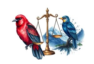 one of the birds red wearing a suit, other bird navy blue with glasses or holding a book, scales of justice built into a tree, starry night painting and mountain background tattoo idea
