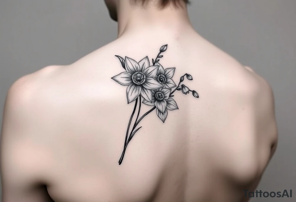 shoulder tattoo for women with bouquet of daffodils, daisy, lily of the valley tattoo idea