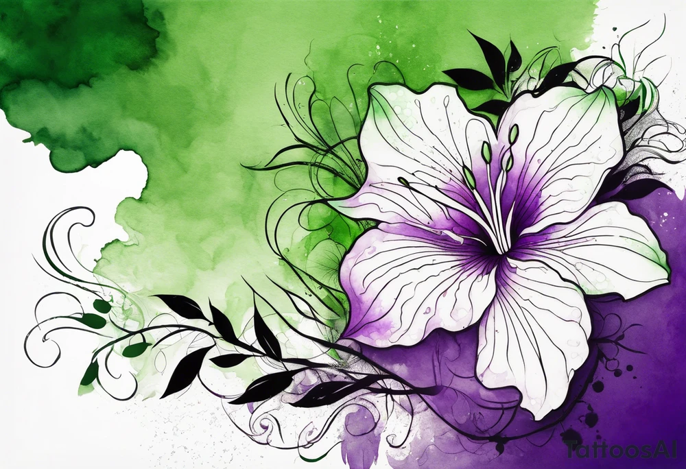 A mystical outline of a green and purple rio dipladenia flower and a green and purple watercolor splash in the background tattoo idea