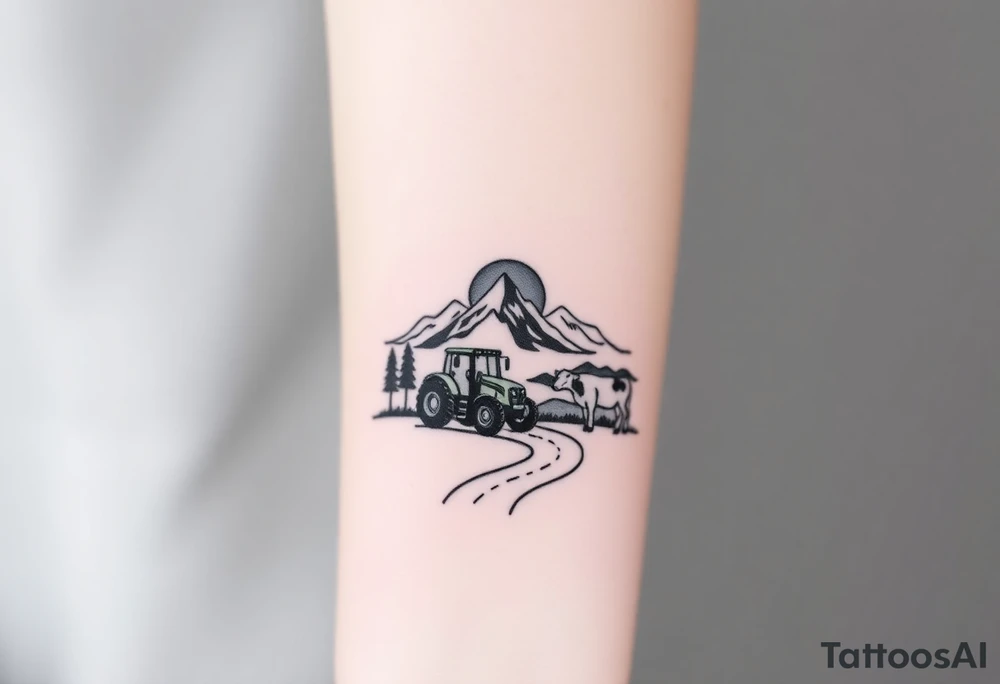 mountain, road, vantage tractor, cow, sunset tattoo idea