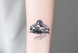 mountain, road, vantage tractor, cow, sunset tattoo idea