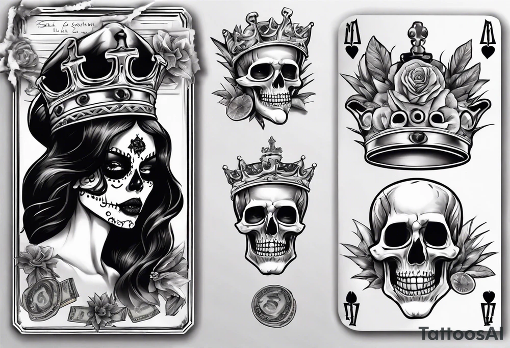 santa la muerta with money and crown
on card tattoo idea