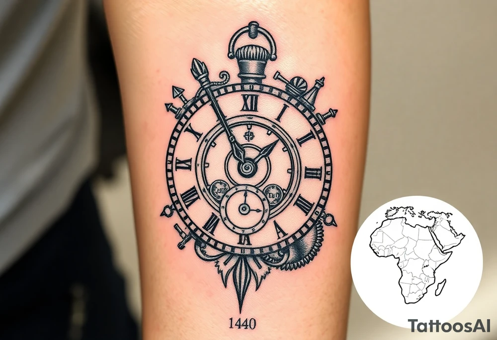Imaginez une horloge affichant 6h40, avec des éléments symboliques autour on peut voir des éléments architecturaux de Rome, comme le Colisée, un gladiateur avec une abeille sur le bouclier Enfin, dans le coin inférieur de l'image une carte de la centre Afrique et la grenade  de la cavalerie tattoo idea