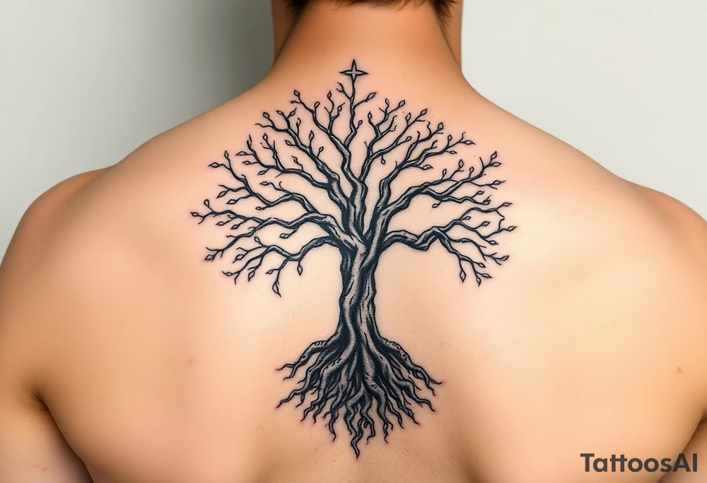 mystical tree of life with cosmic roots and celestial branches tattoo idea