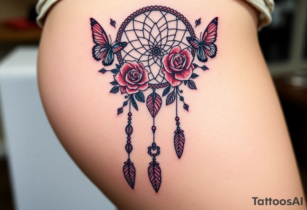 Dreamcatcher roses and butterflies tattoo idea