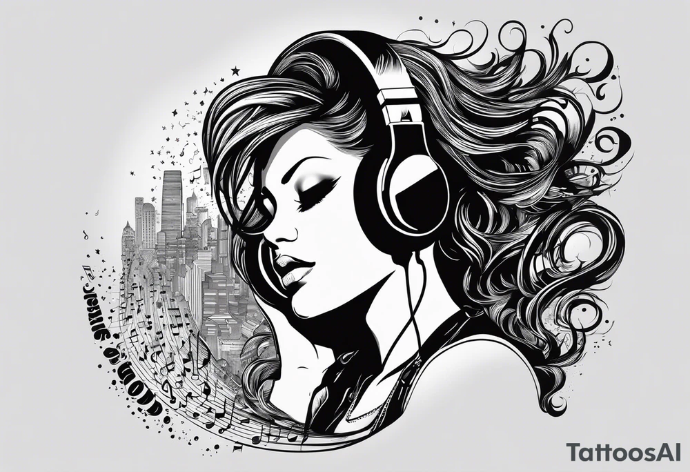 This quote “One good thing about music is when it hits you, you feel no pain” as a shadow from a girl listening to music along a dark road tattoo idea