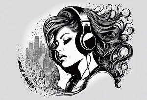 This quote “One good thing about music is when it hits you, you feel no pain” as a shadow from a girl listening to music along a dark road tattoo idea
