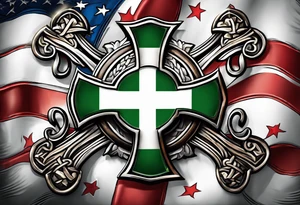 Keltic cross with tattered anerican flag hanging over one and matching Irish flag on other tattoo idea