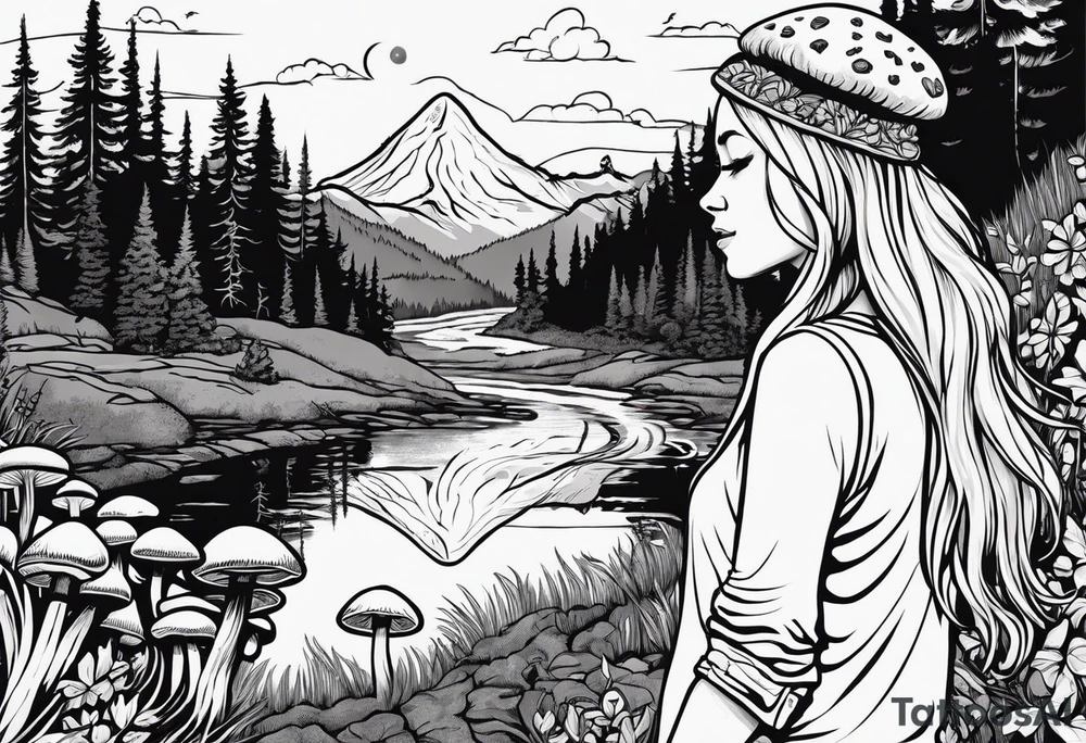 Whole picture encircled fully

Straight long blonde hair hippie girl in distance holding mushrooms in hand facing away toward mountains and creek surrounded by mushrooms long sleeve shirt and hiking pants; whole rendering within a full circle, no cut off circle tattoo idea