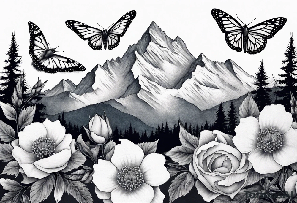 Rocky mountains with mountain blue birds and monarch butterflies with wild prairie roses tattoo idea