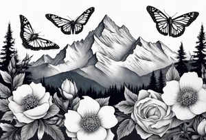 Rocky mountains with mountain blue birds and monarch butterflies with wild prairie roses tattoo idea