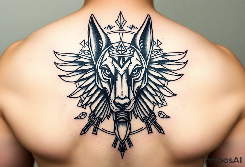 Egyptian Anubis god face muscle in Egypt style dog face surrounded Egyptian symbols tattoo idea