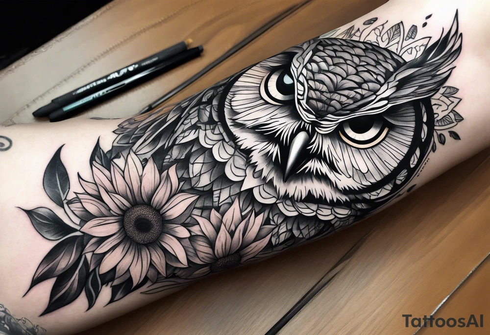 Arm sleeve with colorful sunflowers and an owl tattoo idea