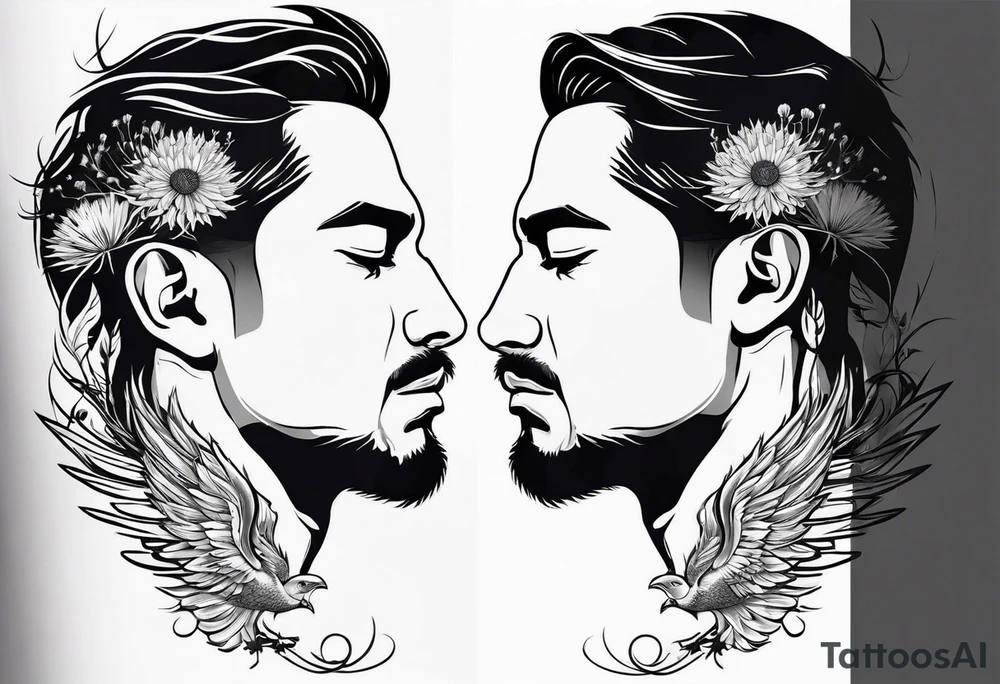 Create a tattoo of a man's face in profile evaporating.  The tattoo symbolizes deliverance after a break-up. Behind it is a chain breaking and the face is looking at dandelions and a phoenix.

The tattoo should symbolize deliverance, strength and peace. tattoo idea