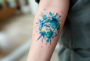 A vibrant watercolor Earth tattoo in shades of blue and green splashes across the forearm like a painter’s globe. tattoo idea