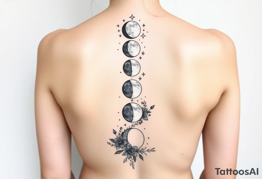 new moon, waxing crescent, first quarter, waxing gibbous, full moon, waning gibbous, last quarter, and waning crescent going down the spine vertically each represent different phases of the moon individually with flowers and vines and stars around it tattoo idea