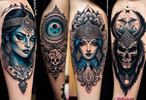 black kali, goddess pirate, alien, angel, pachamama, valkrye, warrior, flying, skull, lotus azul, wing, eagle, zenza resonance, stars, 5D, anahata chakra, death, durga, riding on a tiger, flying lady tattoo idea