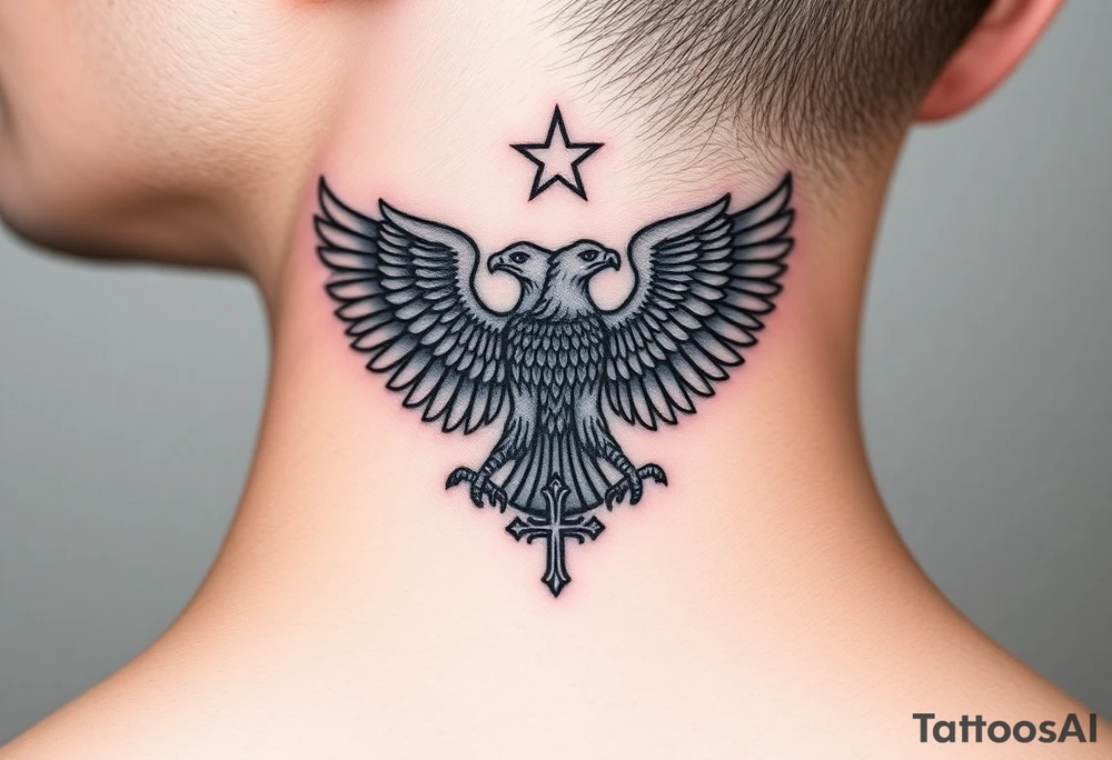 Double-headed eagle outline only (no shading) — suits neck skin which ages differently
Star above, small orthodox cross below tattoo idea