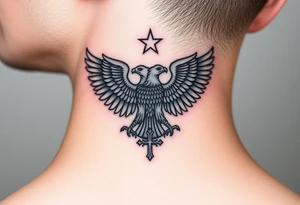 Double-headed eagle outline only (no shading) — suits neck skin which ages differently
Star above, small orthodox cross below tattoo idea