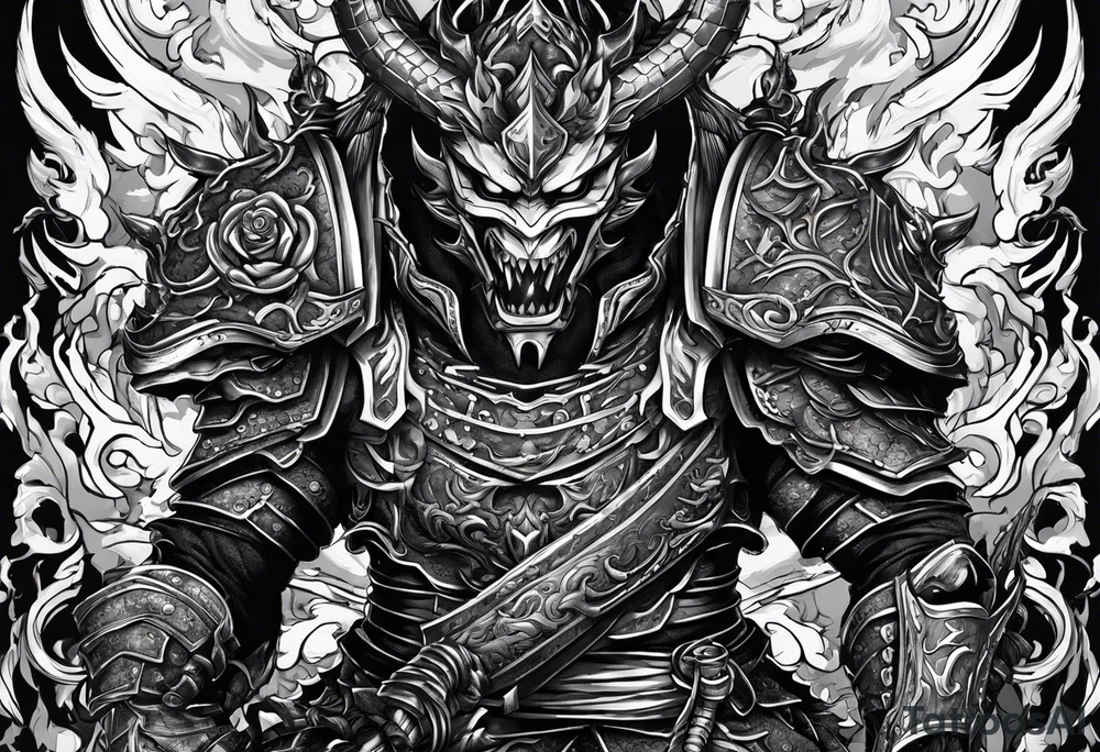Angry demon Modern robot ninja with demon mask with swords in hands fighting dragon tattoo idea