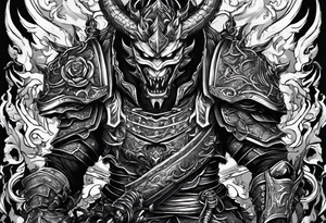 Angry demon Modern robot ninja with demon mask with swords in hands fighting dragon tattoo idea