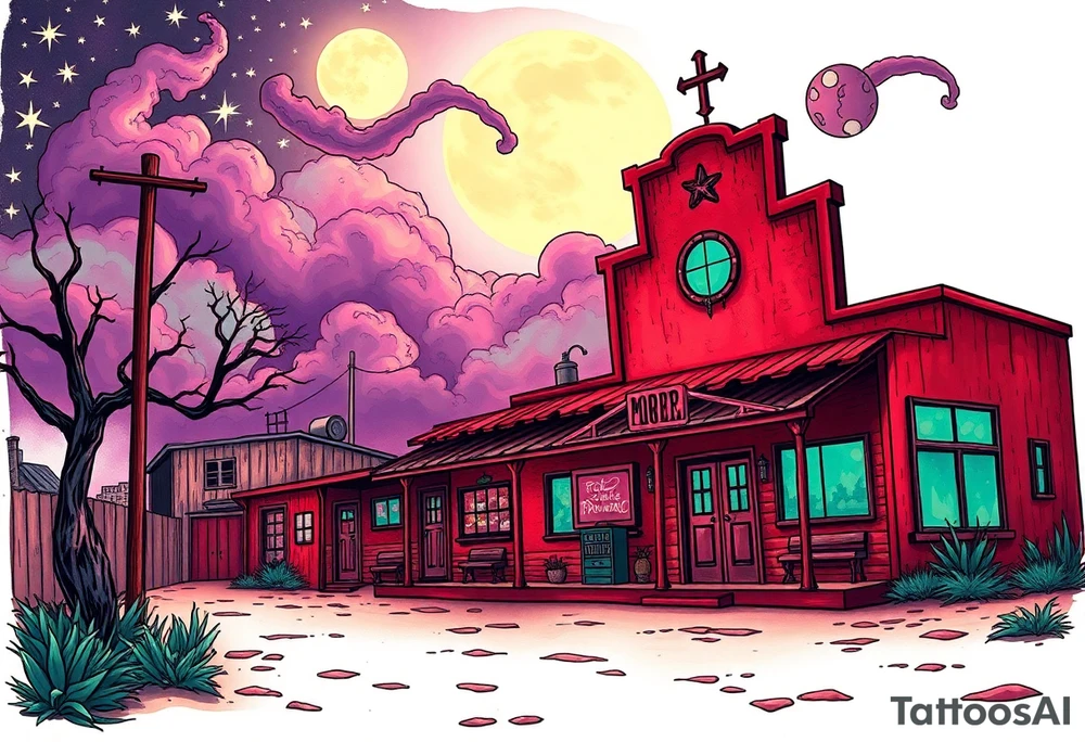 Tim Burton’s old western cowboy texas brothel r from outside view is the street abandoned and dripping with muted reds, dusty pinks, and eerie green glow purple and cyan smokey clouds swirl and dance in the moonlit night sky filled with twinkling stars  tattoo idea tattoo idea