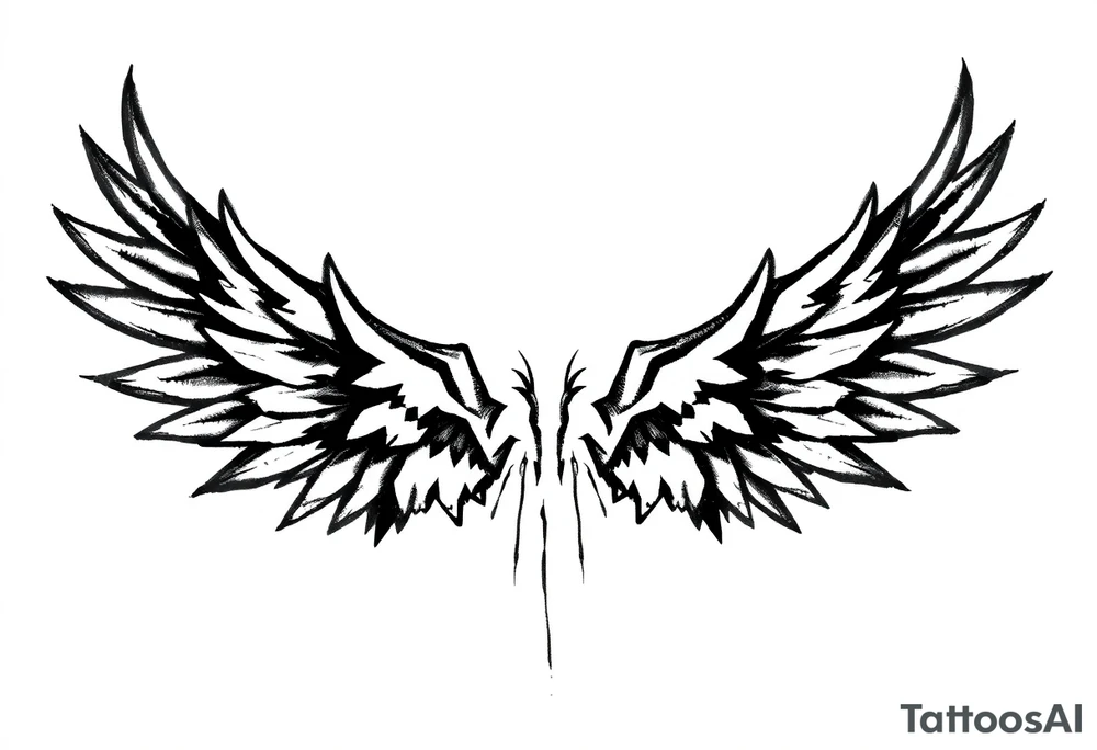 This tattoo design features a pair of stylized wings drawn in black ink with a sketch-like, abstract aesthetic. The wings are composed of sharp, angular feathers with jagged edges, giving them a rough, almost tribal or gothic appearance. The shading is done with a mix of soft gradients and stippling, adding depth and texture to the design. The center where the wings meet is fragmented, with thin lines extending downward, creating a sense of movement and raw energy. This design would make for a bold and edgy tattoo, symbolizing freedom, strength, or a rebellious spirit. tattoo idea
