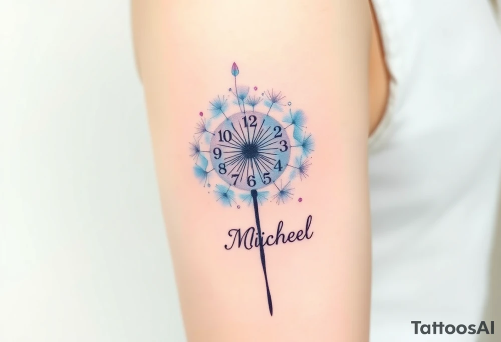 A watercolor-styled dandelion with seeds transforming into clock numbers 13. 07. 2019 and name "Michael", representing fleeting time and new beginnings, in pastel blues and purples tattoo idea