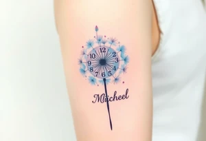 A watercolor-styled dandelion with seeds transforming into clock numbers 13. 07. 2019 and name "Michael", representing fleeting time and new beginnings, in pastel blues and purples tattoo idea