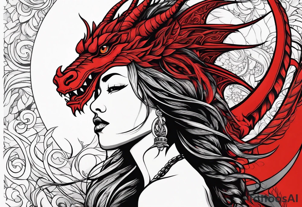 Red dragon behind woman with dreadlocks tattoo idea