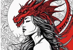 Red dragon behind woman with dreadlocks tattoo idea