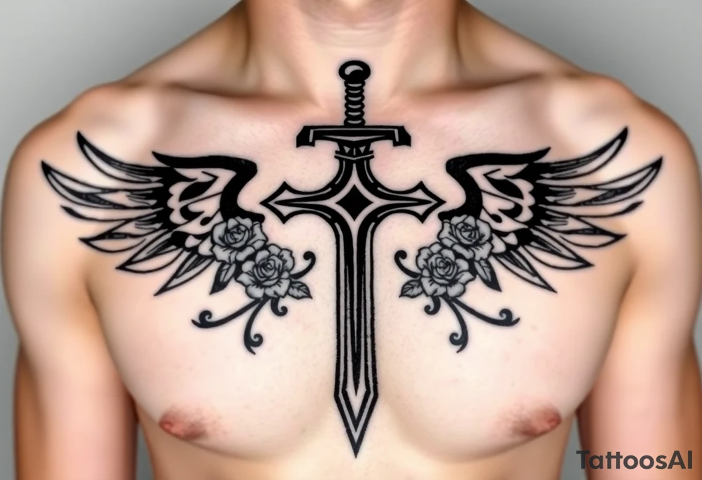 A gothic cross with a sword tip on the bottom going through an infinity sign and has roses and vines growing around and wings on the sides tattoo idea