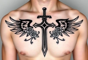 A gothic cross with a sword tip on the bottom going through an infinity sign and has roses and vines growing around and wings on the sides tattoo idea