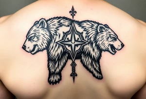 Nordic Viking themed bear on shoulder Vegvisir symbol tribal elder furthark bicep band tattoo idea