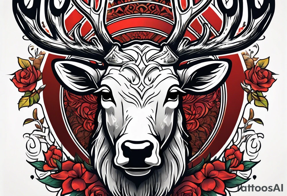 back tattoo of a front view reindeer with half the face as a skull tattoo idea