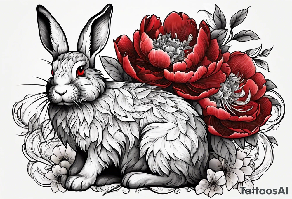 Red peony with pearl necklace and a rabbit tattoo idea