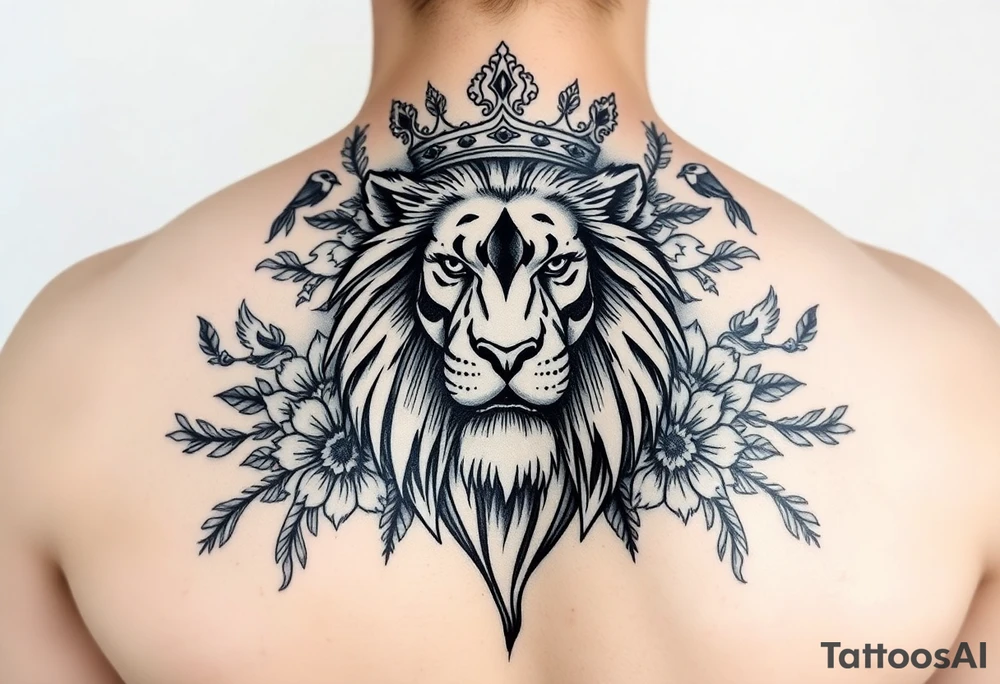 powerful majestic lion with a crown, surrounded by floral ornaments and birds tattoo idea