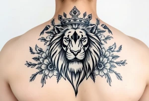 powerful majestic lion with a crown, surrounded by floral ornaments and birds tattoo idea