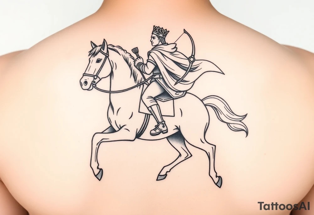 Generate an image of conquest on a white horse. Use this passage from Revelations: "And I saw, and behold a white horse: and he that sat on him had a bow; and a crown was given unto him: and he went forth conquering, and to conquer". Include the rider on a white horse wearing a crown and carrying a bow tattoo idea